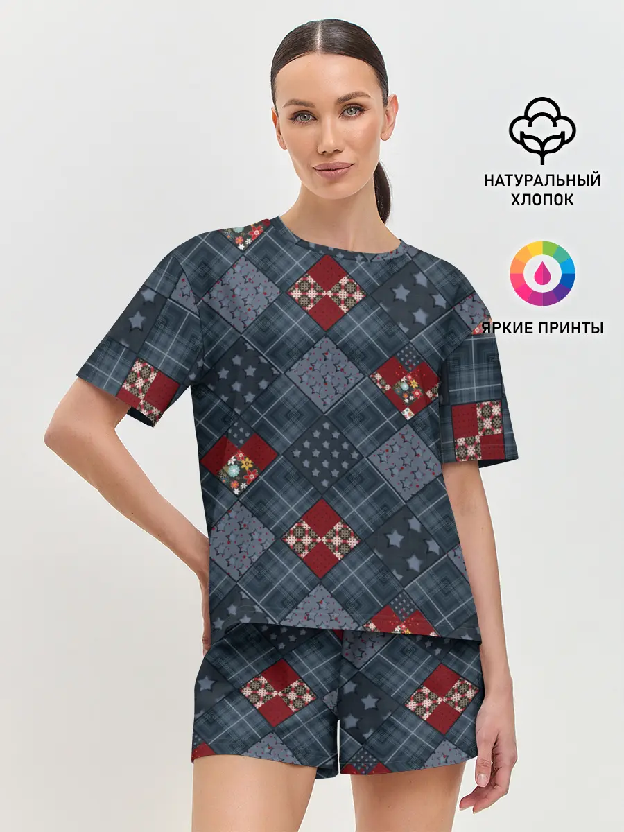 Женская пижама с шортами / Синий джинсовый плед