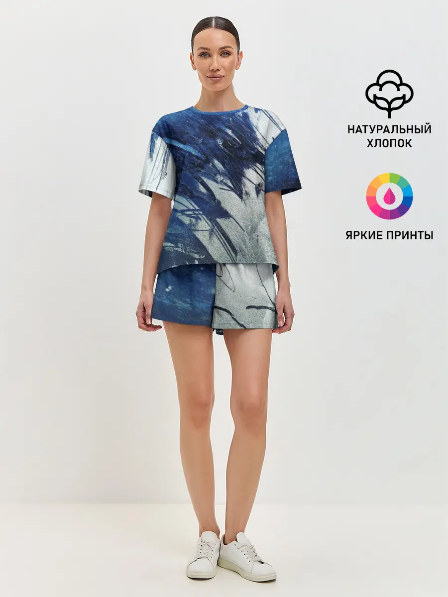Женская пижама с шортами / Серо-синее абстрактное