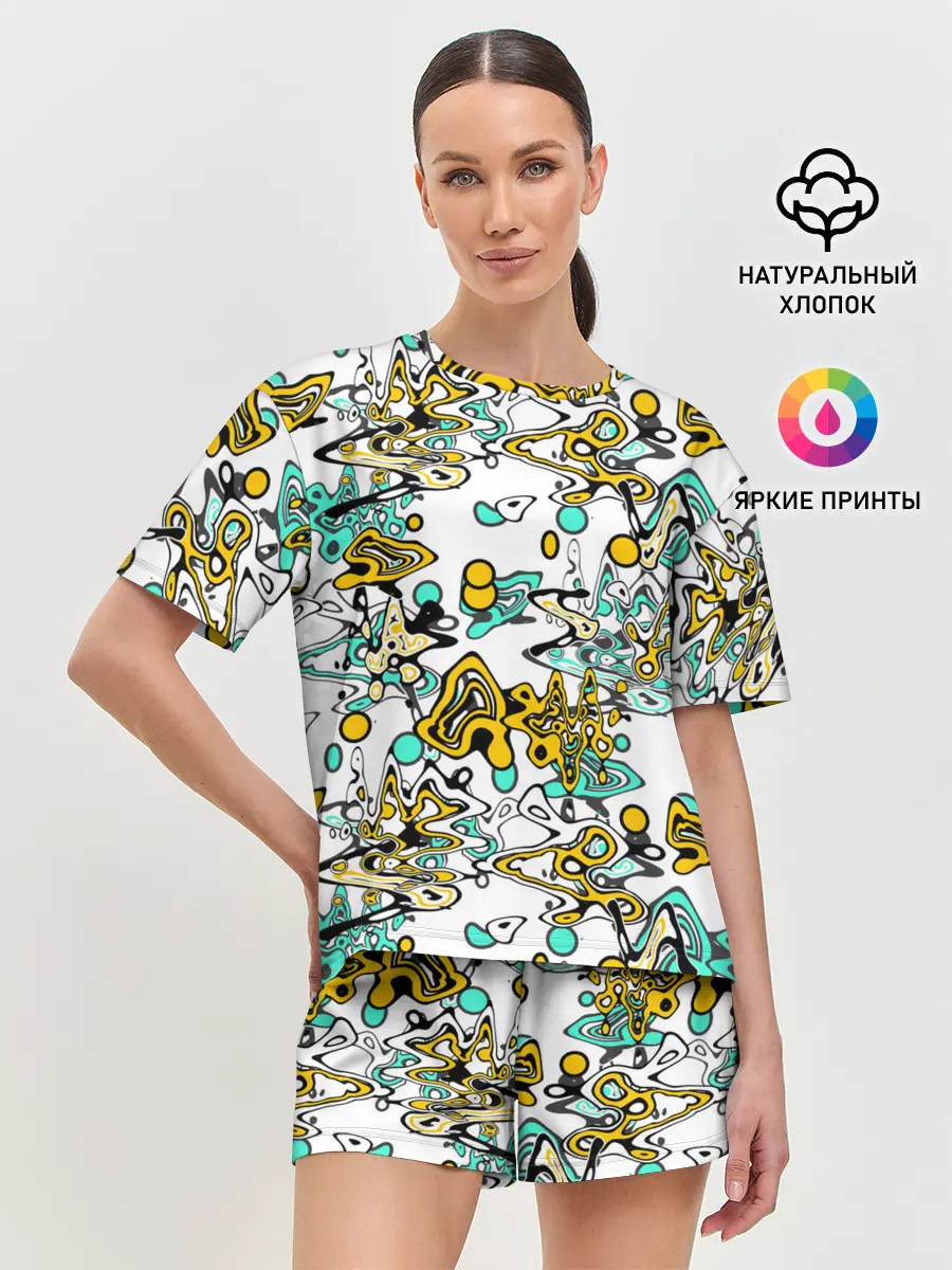 Женская пижама с шортами / Бирюзово-желтый узор