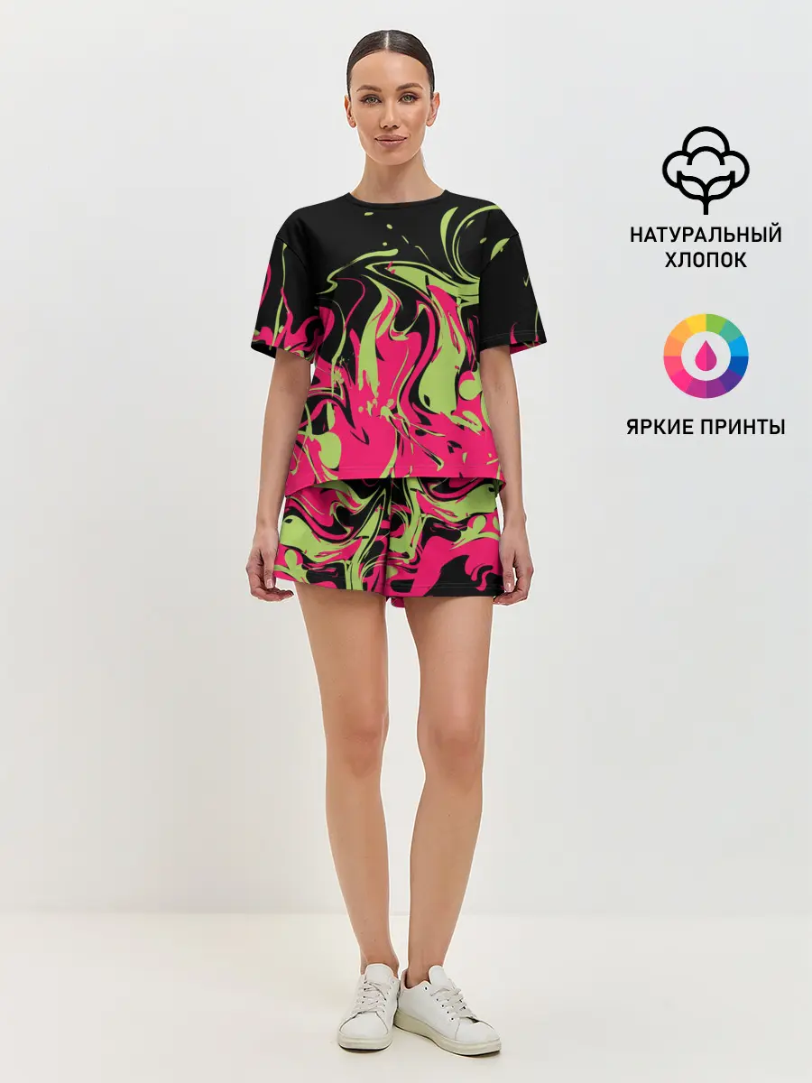 Женская пижама с шортами / Черно малиновый абстрактный