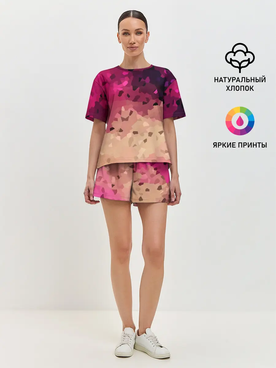 Женская пижама с шортами / Бежево-малиновый абстрактный