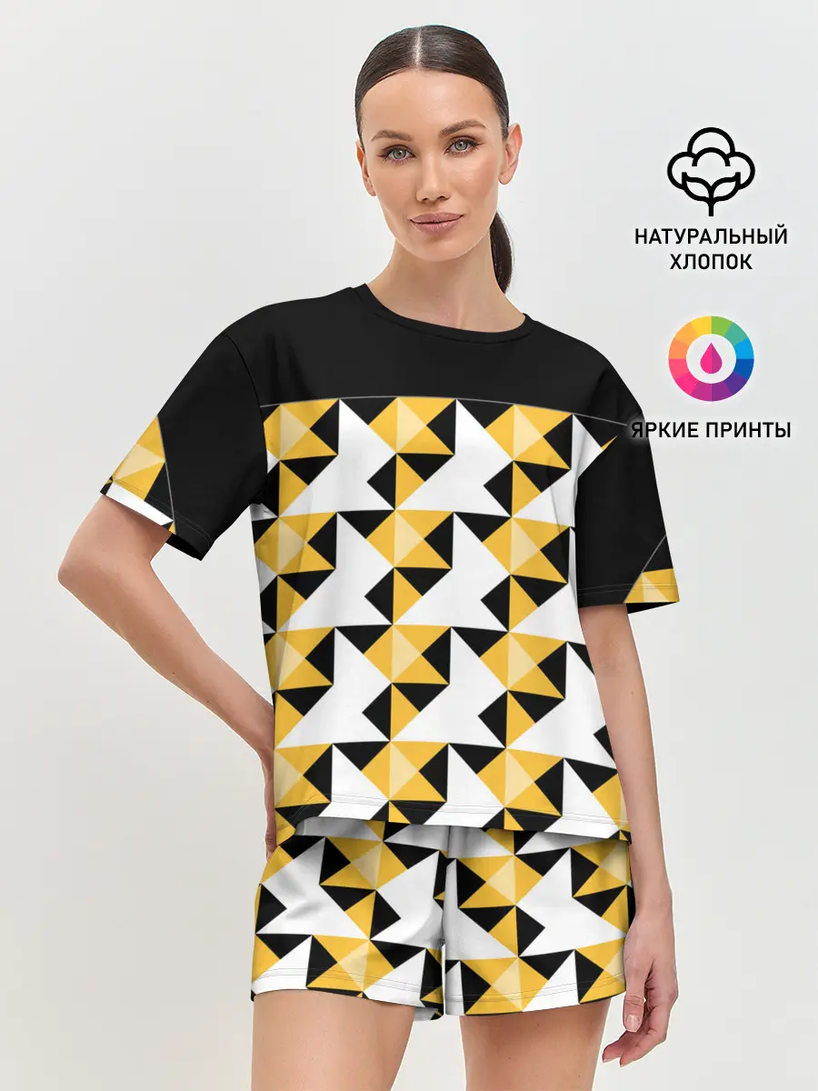 Женская пижама с шортами / Черно-желтый геометрический