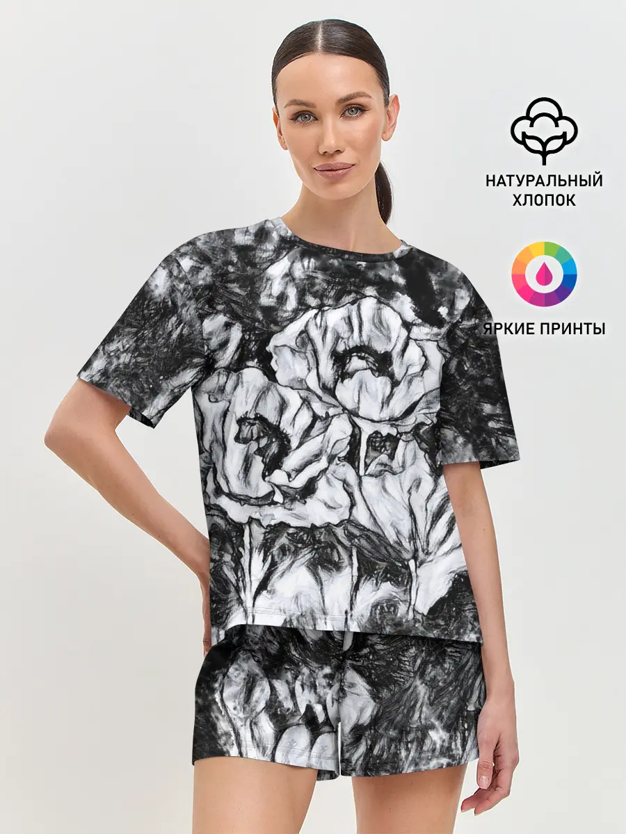 Женская пижама с шортами / Черно-белый узор. Маки.