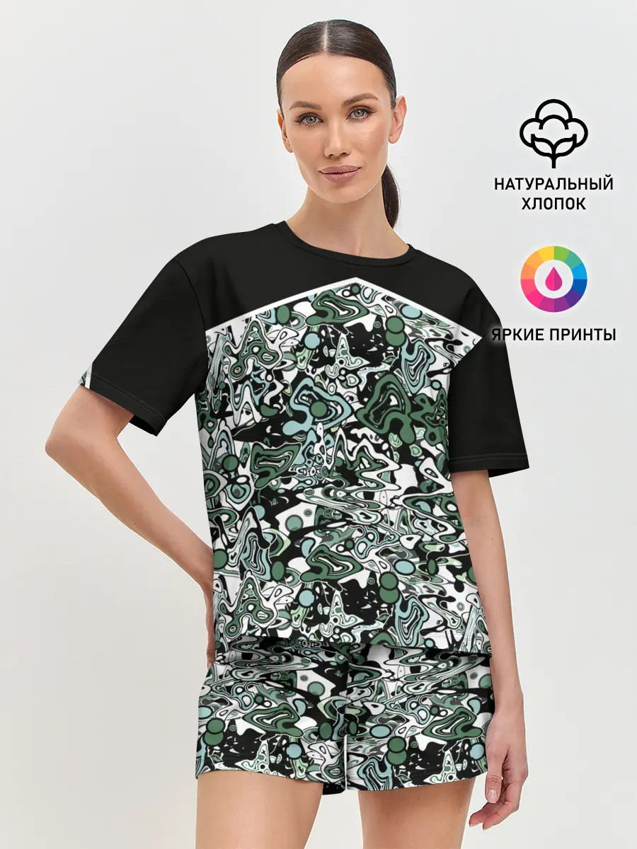 Женская пижама с шортами / Черно-зеленые каракули