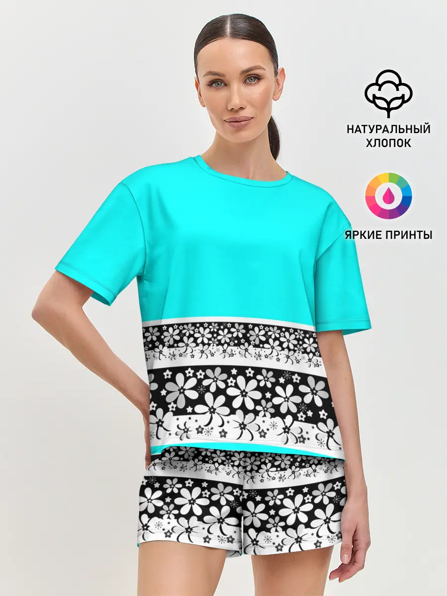Женская пижама с шортами / Цветочный бирюзовый узор
