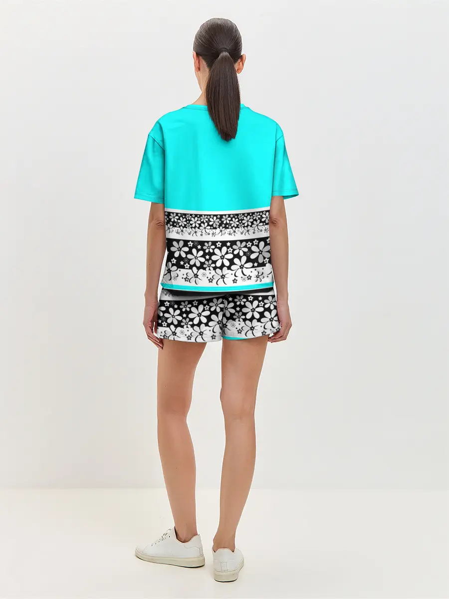 Женская пижама с шортами / Цветочный бирюзовый узор