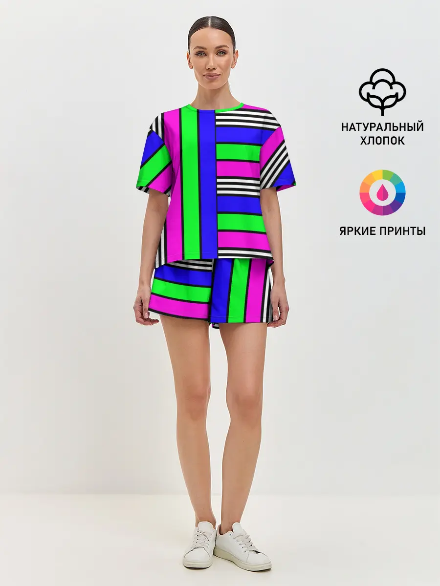 Женская пижама с шортами / Полосатый яркий летний узор