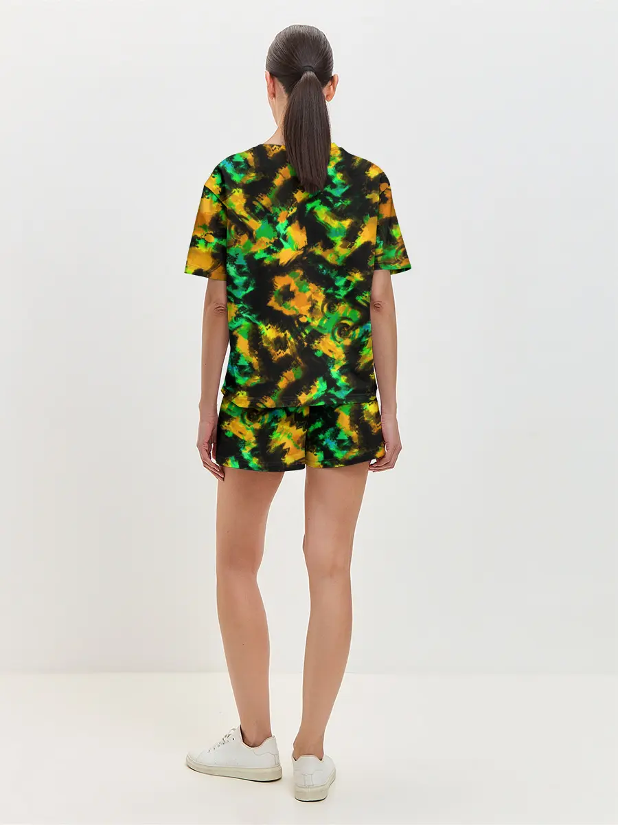 Женская пижама с шортами / Абстрактный желто-зеленый узор