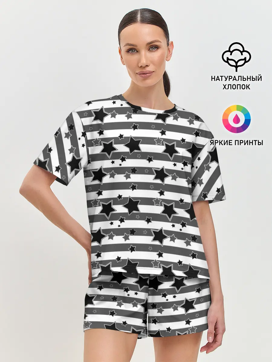Женская пижама с шортами / Черно-белый полосатый узор