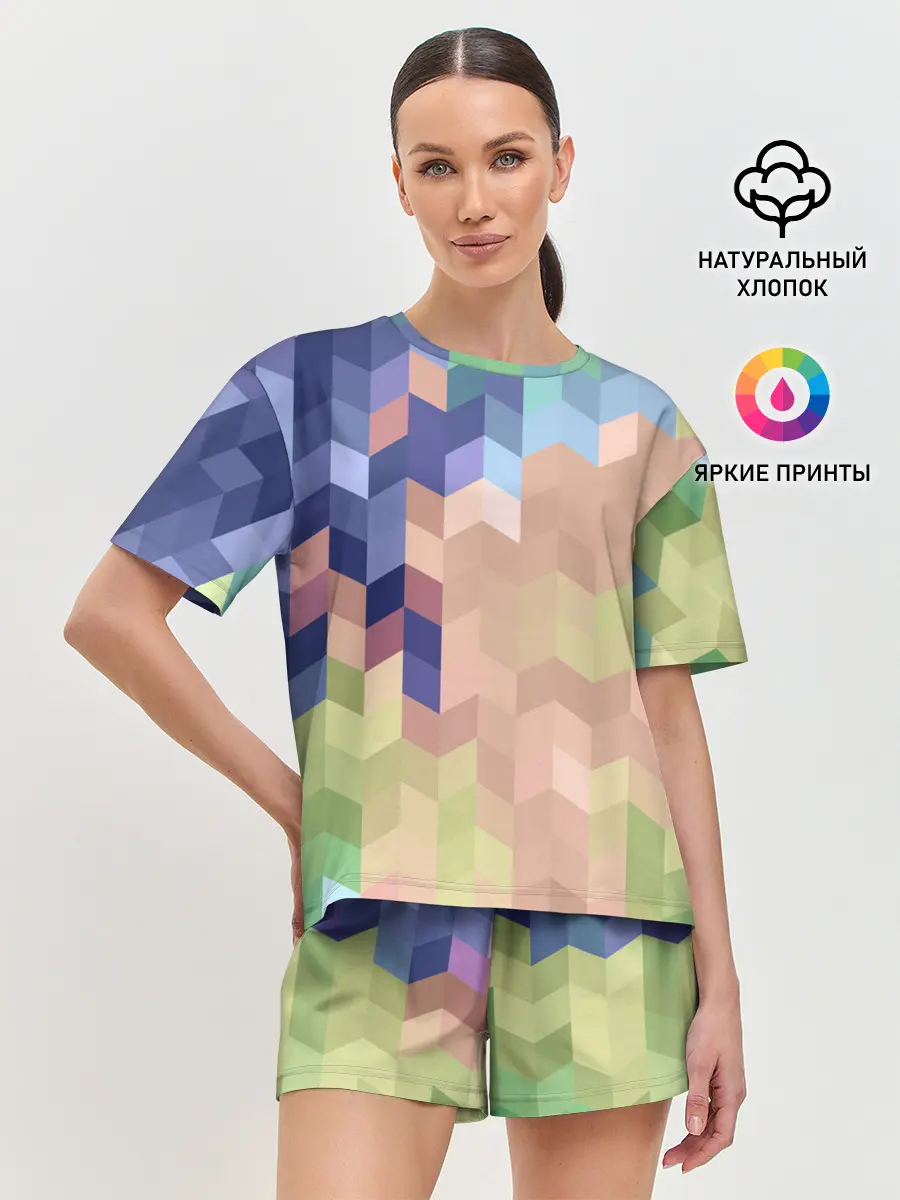 Женская пижама с шортами / Абстрактный бежево-синий узор