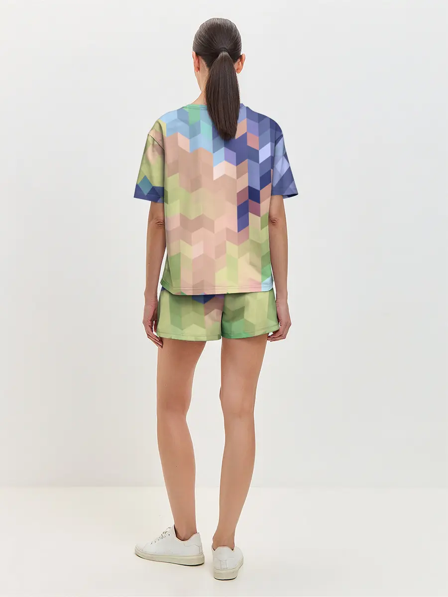 Женская пижама с шортами / Абстрактный бежево-синий узор