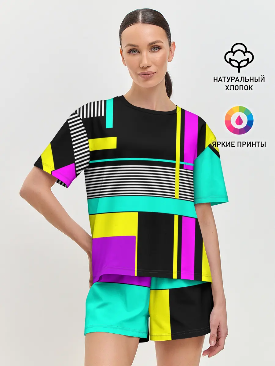 Женская пижама с шортами / Геометрический неоновый узор