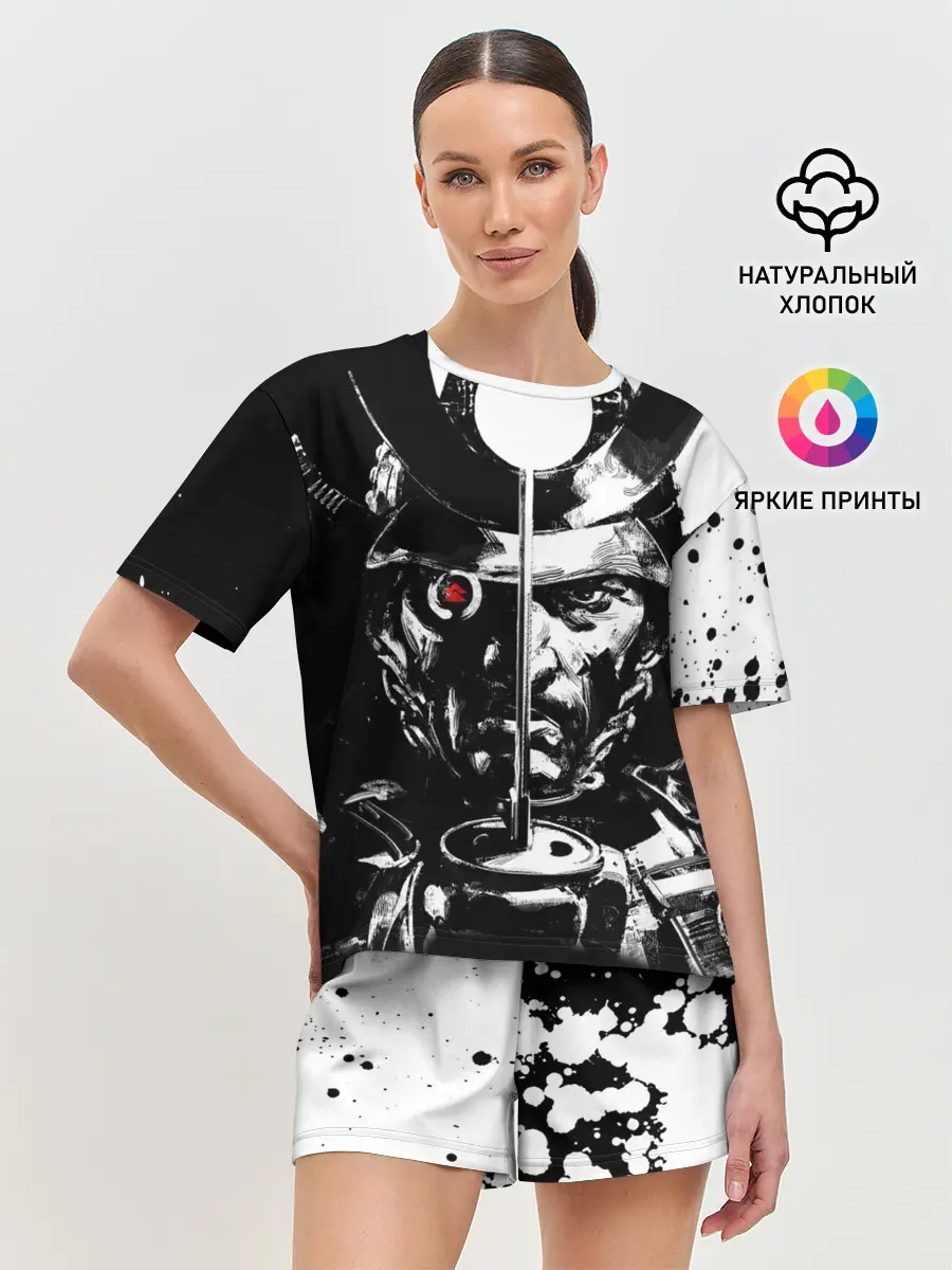 Женская пижама с шортами / Самурай | ЧБ | Лого