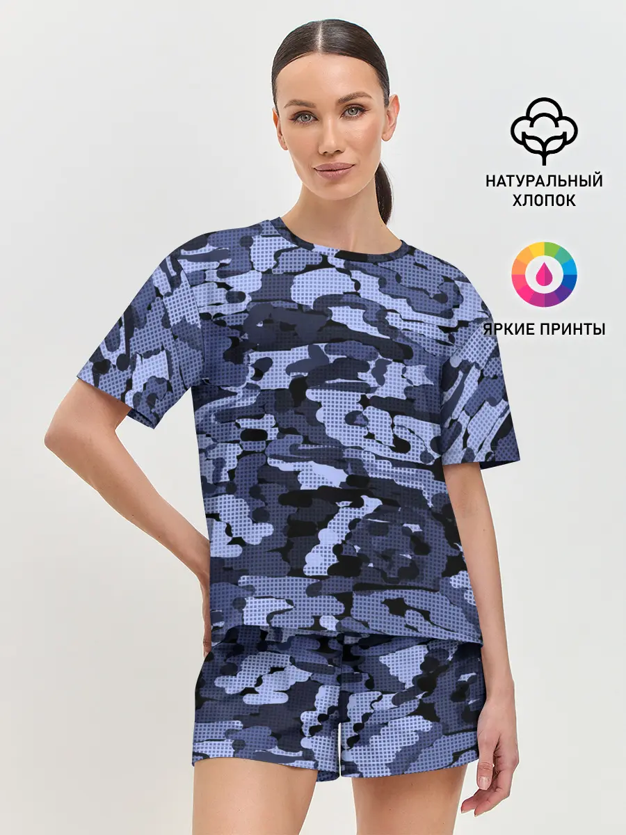 Женская пижама с шортами / Синий камуфляж в клетку