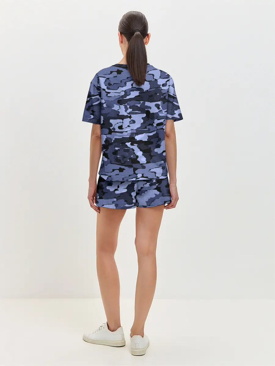 Женская пижама с шортами / Синий камуфляж в клетку