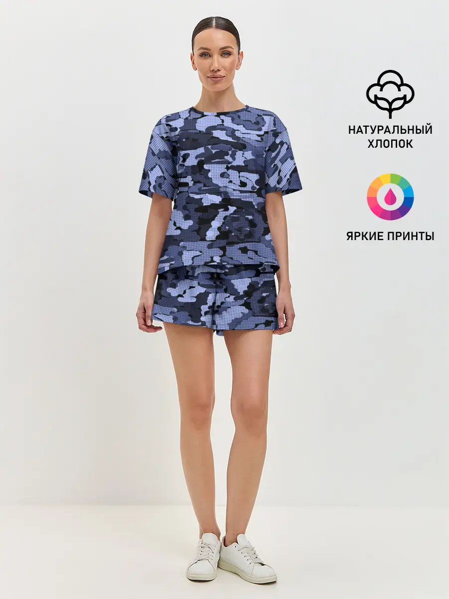 Женская пижама с шортами / Синий камуфляж в клетку