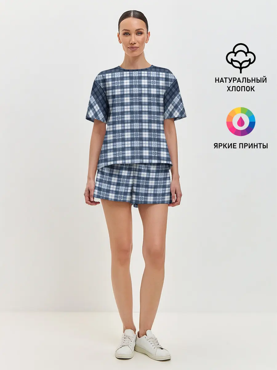 Женская пижама с шортами / Синий узор в клетку