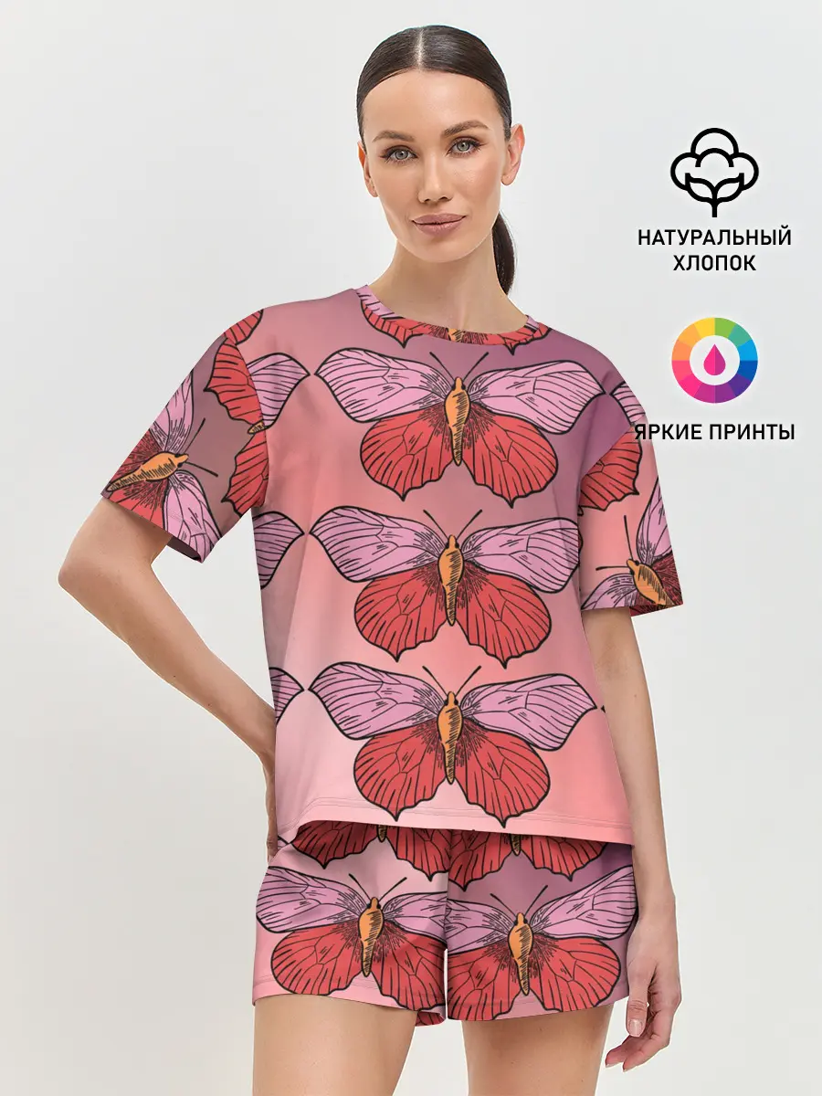 Женская пижама с шортами / Розовый принт с бабочками