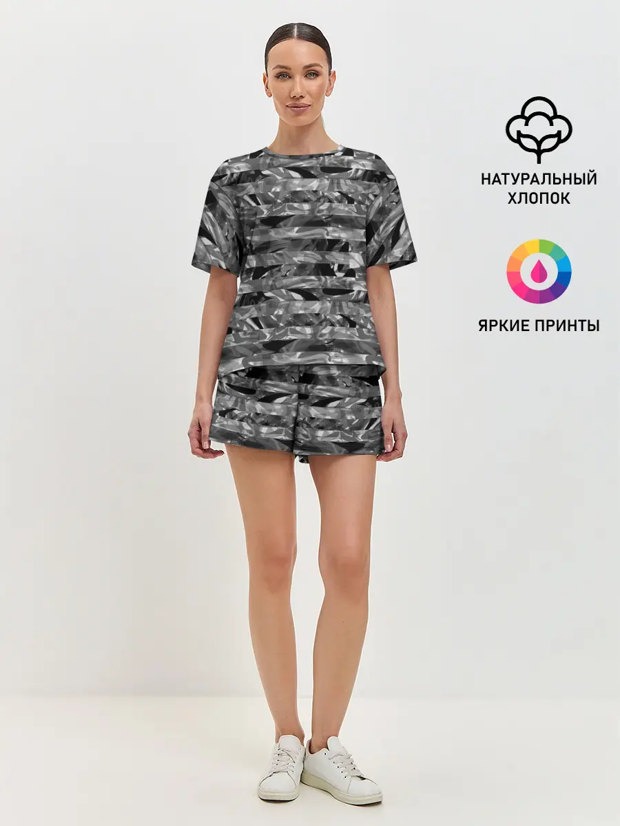 Женская пижама с шортами / Черно -белый полосатый узор