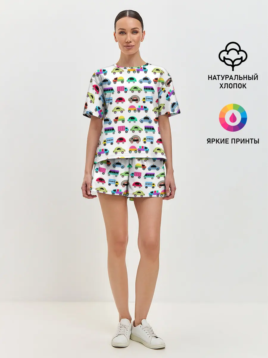 Женская пижама с шортами / Веселые машинки