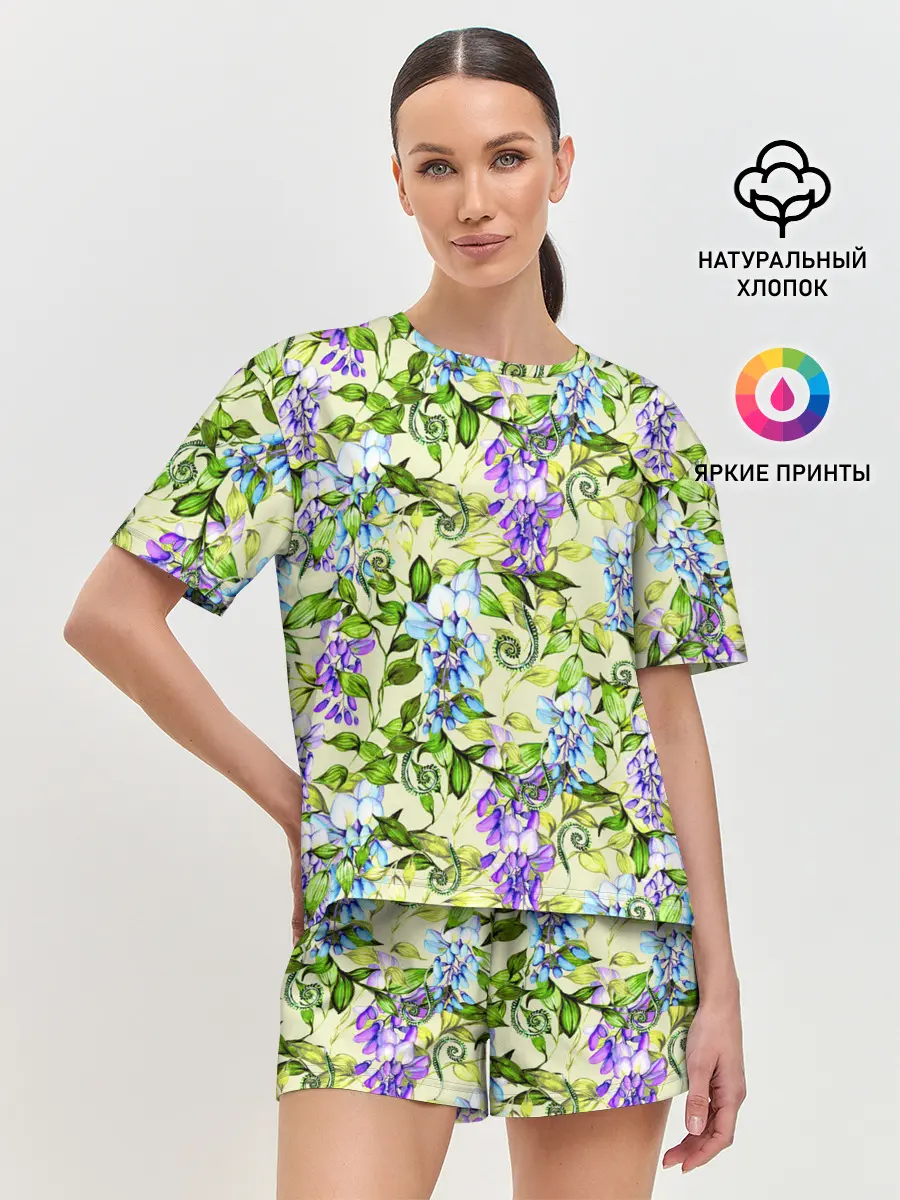 Женская пижама с шортами / Глициния на бежевом фоне