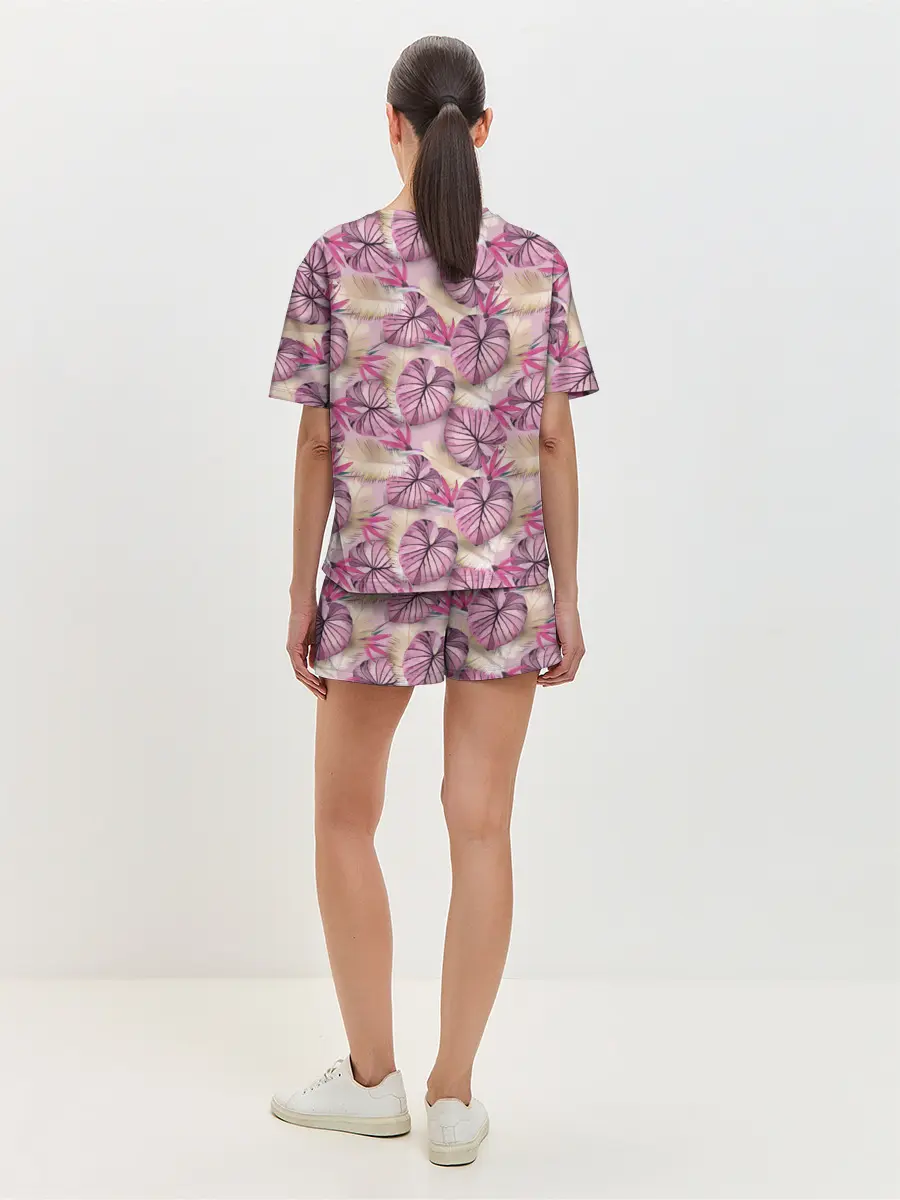 Женская пижама с шортами / Розовый тропический узор