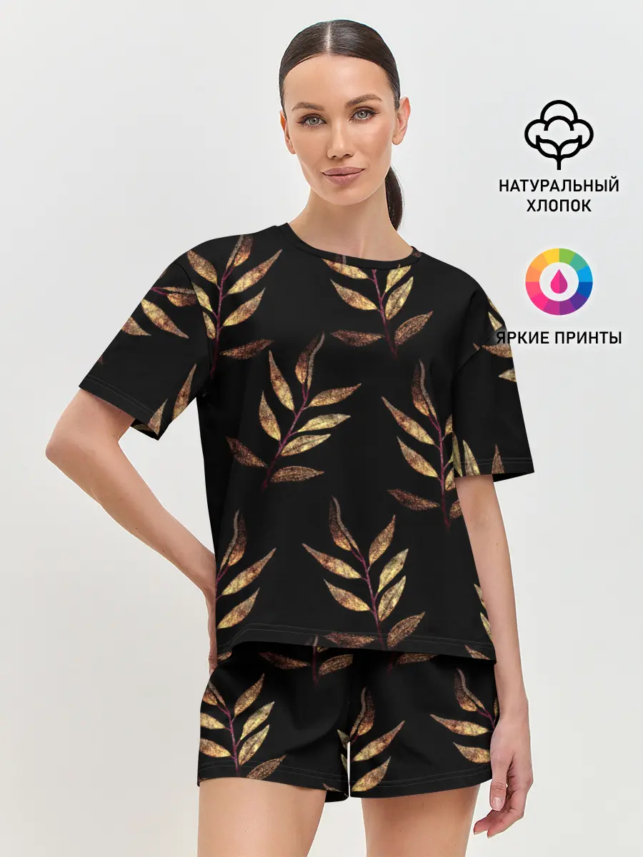 Женская пижама с шортами / Золотисто-красные листья