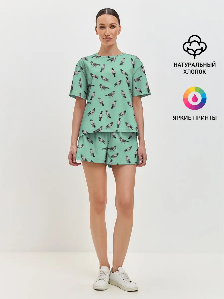 Женская пижама с шортами / Голуби на зеленом