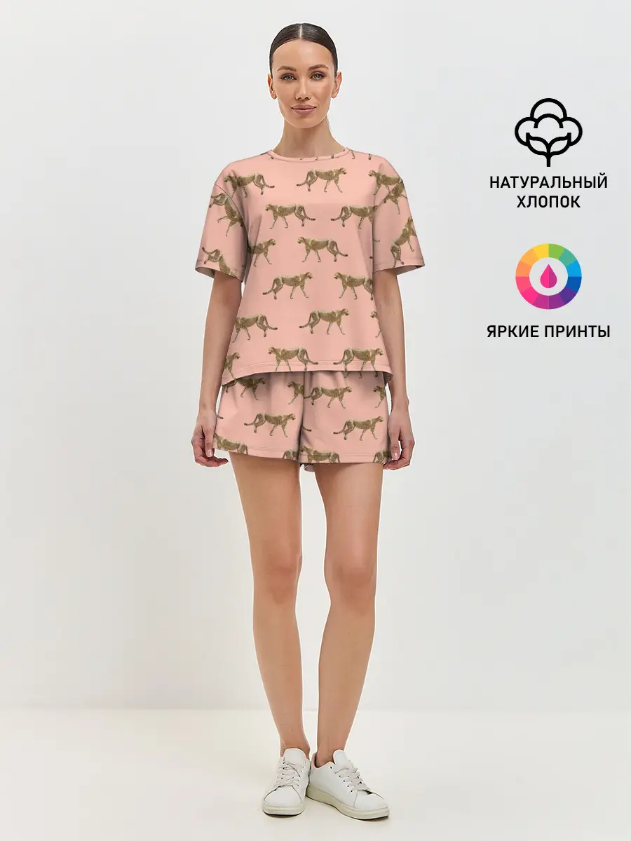 Женская пижама с шортами / Гепарды на розовом