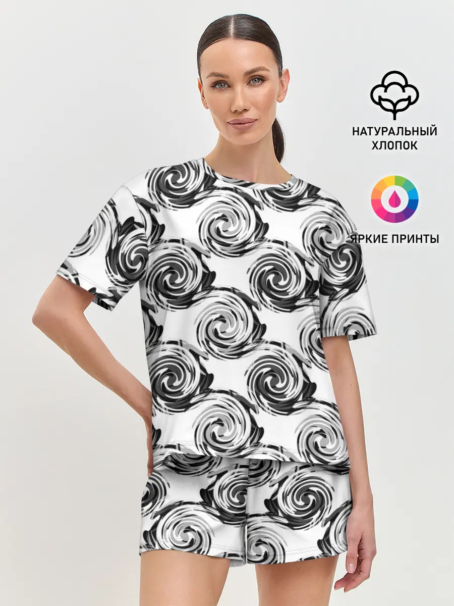 Женская пижама с шортами / Черно-белый абстрактный узор