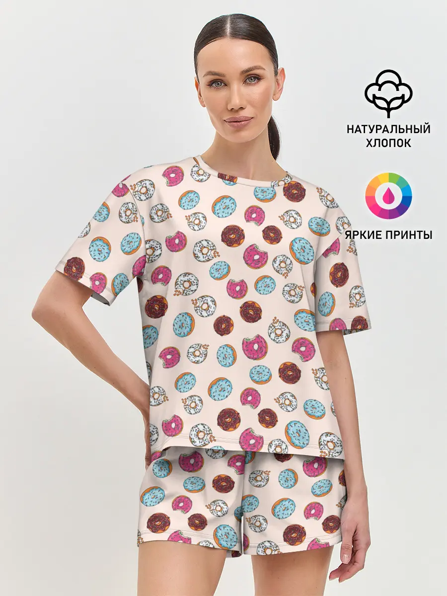 Женская пижама с шортами / Пончики донаты паттерн