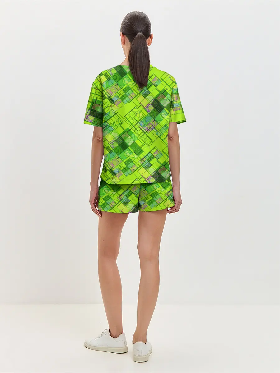 Женская пижама с шортами / Ярко-зеленый абстрактный узор