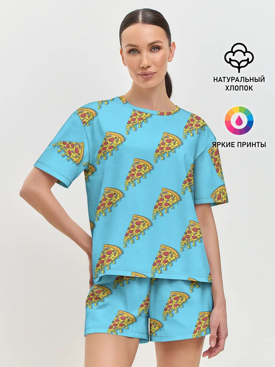 Женская пижама с шортами / Пицца паттерн на голубом