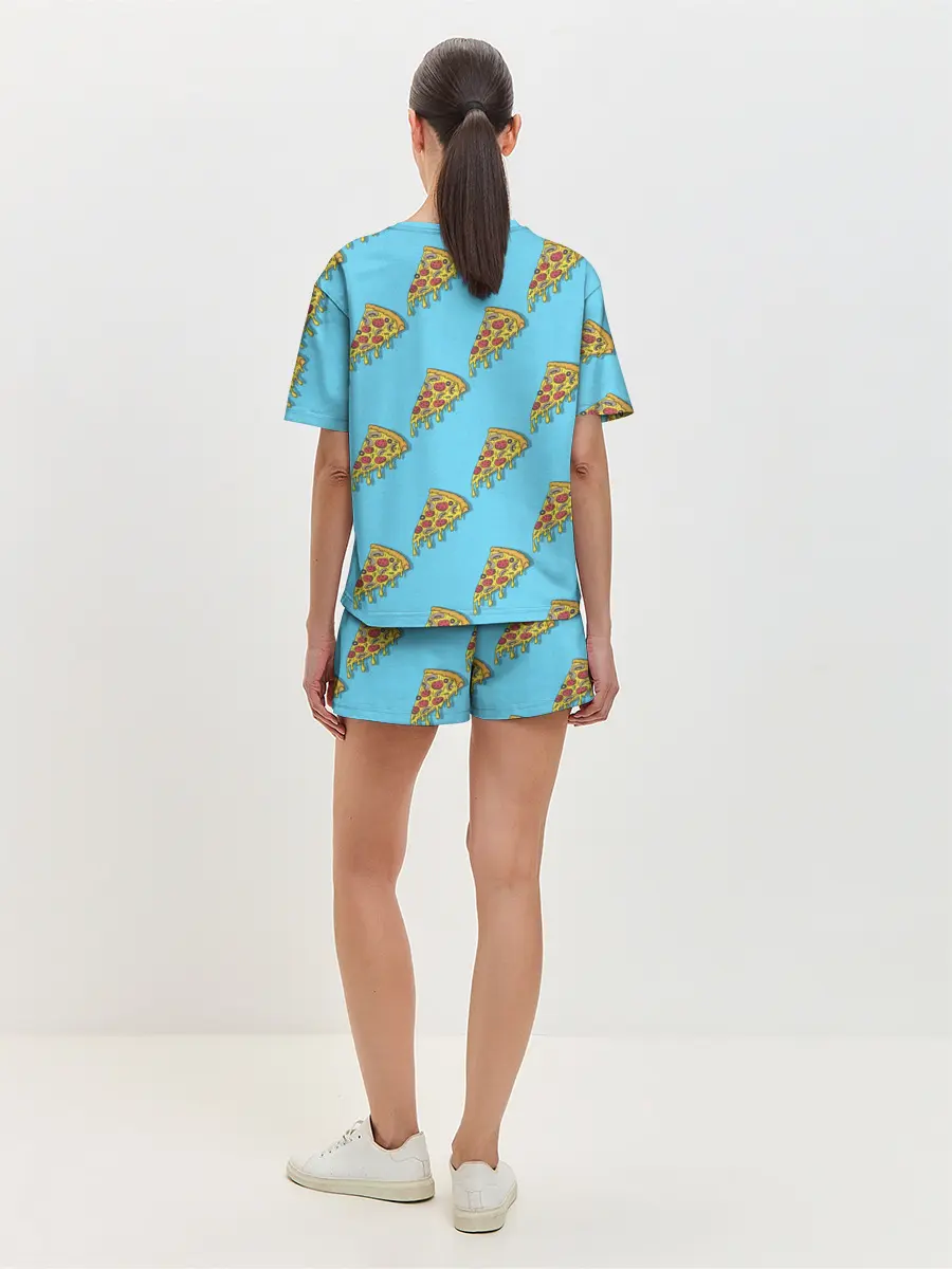Женская пижама с шортами / Пицца паттерн на голубом