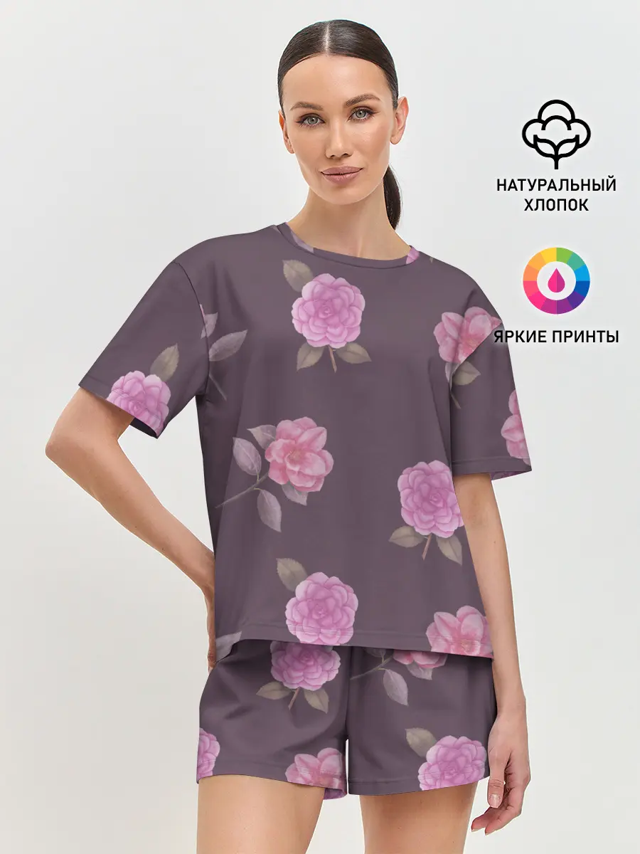 Женская пижама с шортами / Камелии на вишневом фоне
