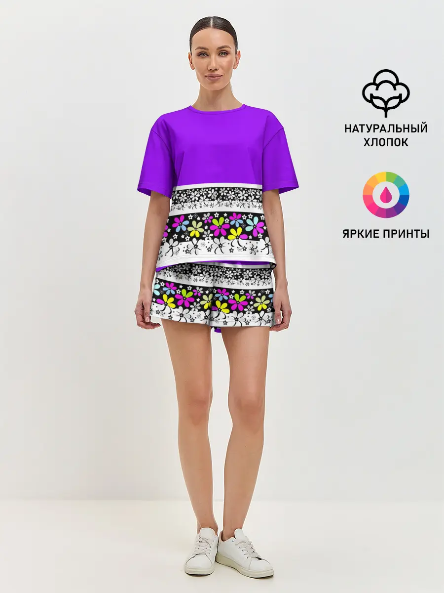 Женская пижама с шортами / Яркий фиолетовый цветочный