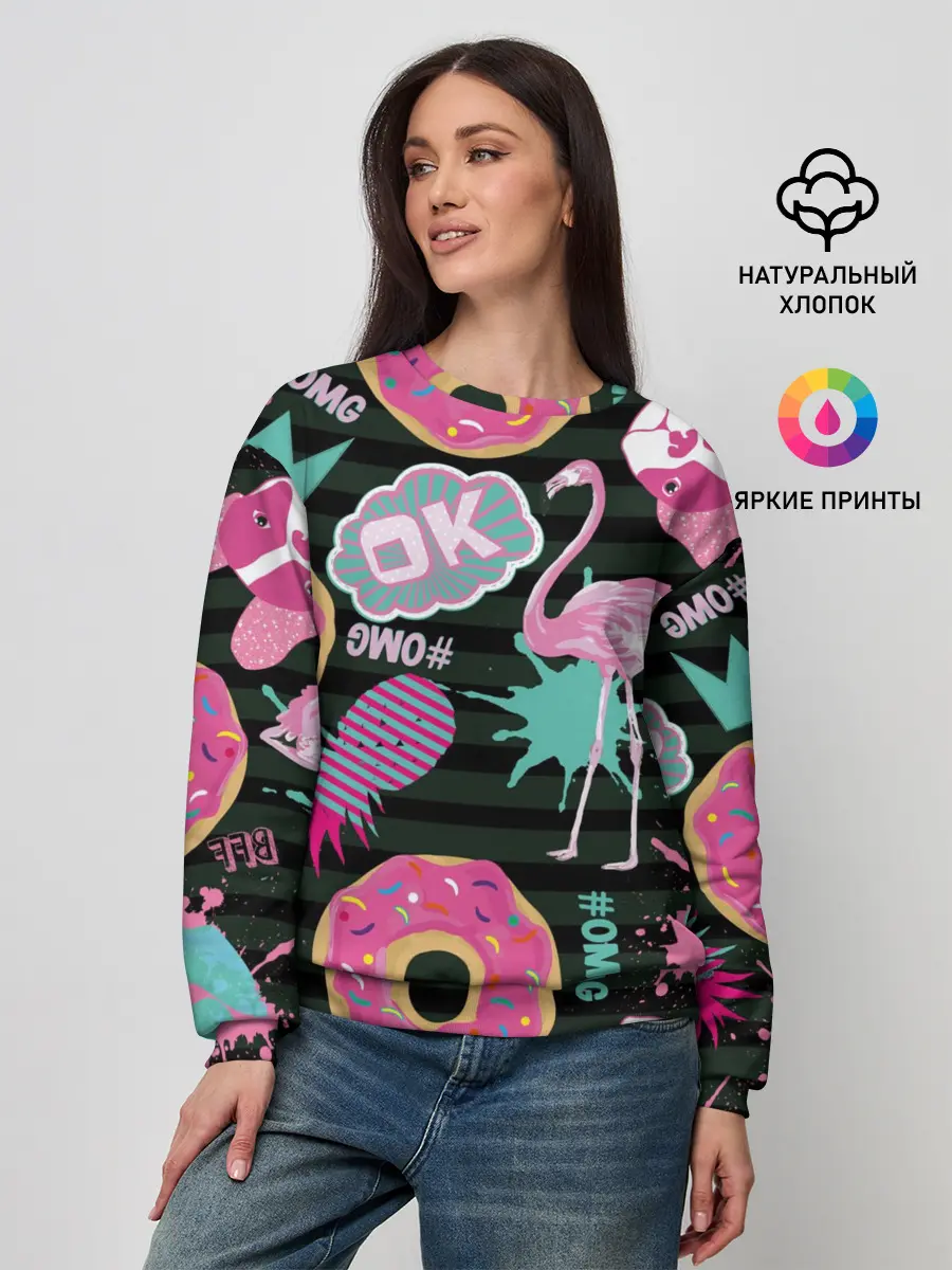 Женский свитшот / Пончики, мопсы и фламинго.