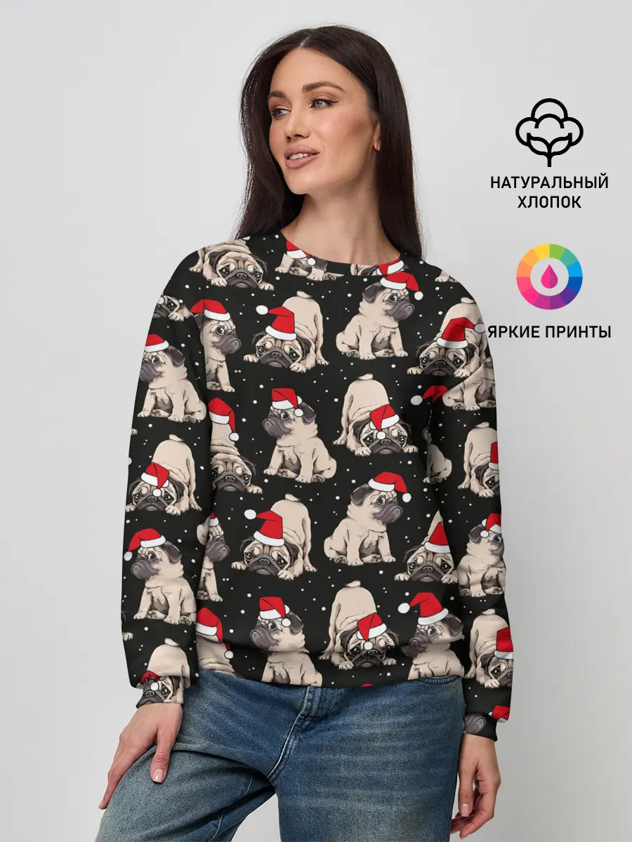Женский свитшот / Новогодние мопсы
