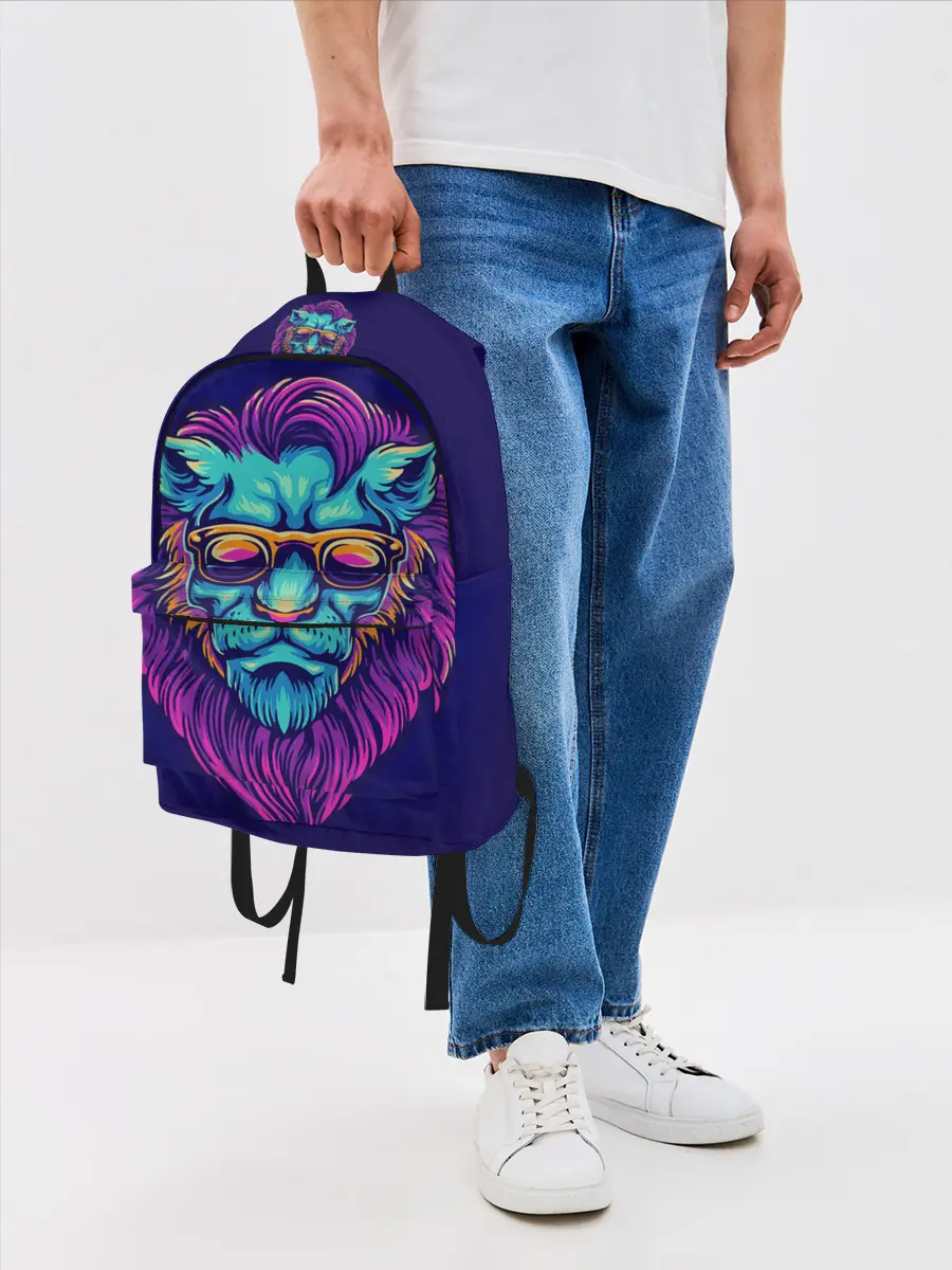 Рюкзак джинсовый / Неоновый лев в очках