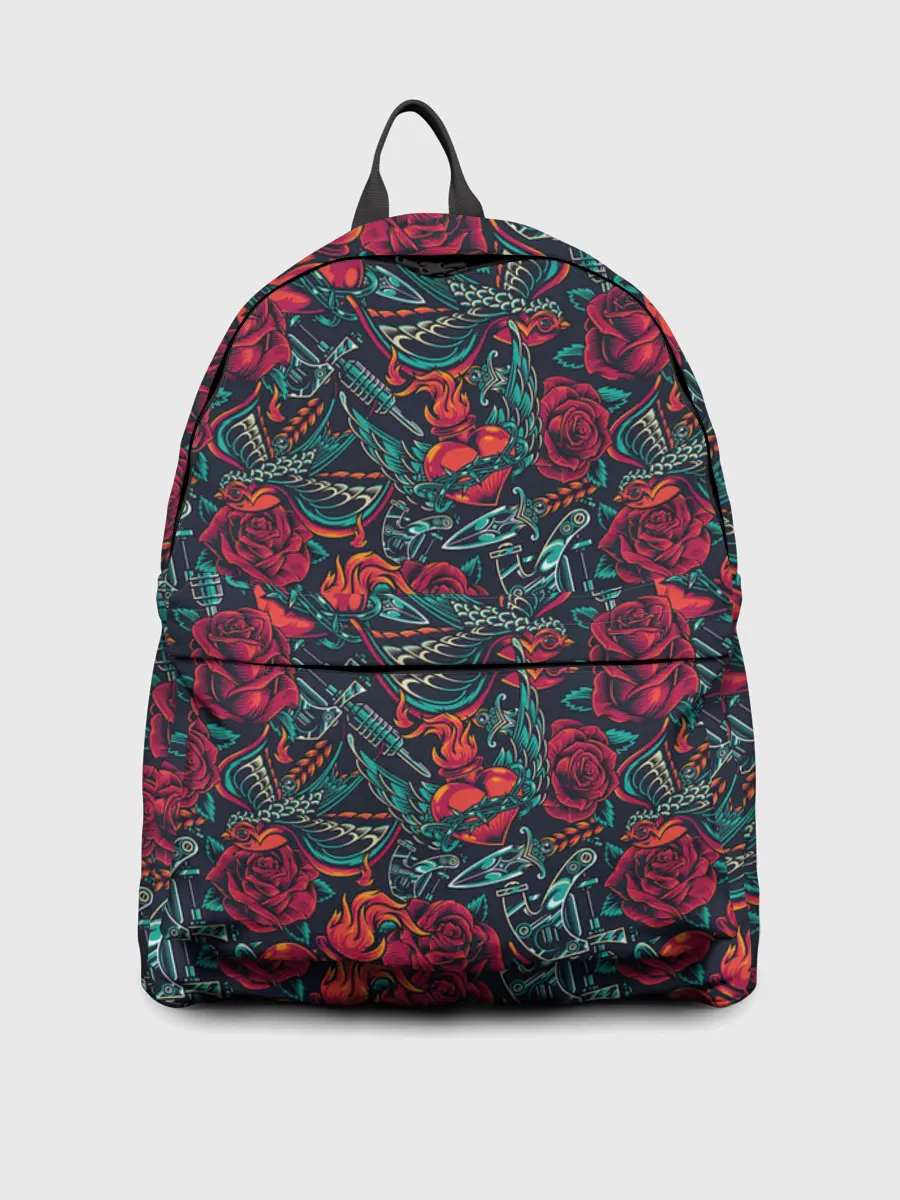 Рюкзак джинсовый / Тату узор розы и машинки