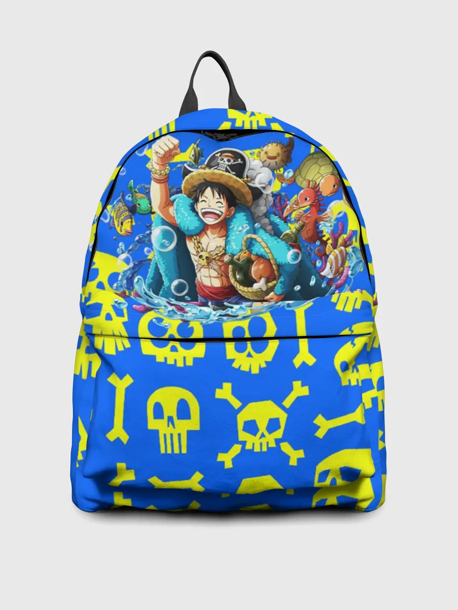 Рюкзак джинсовый / Веселый Монки. Синий фон череп и кости