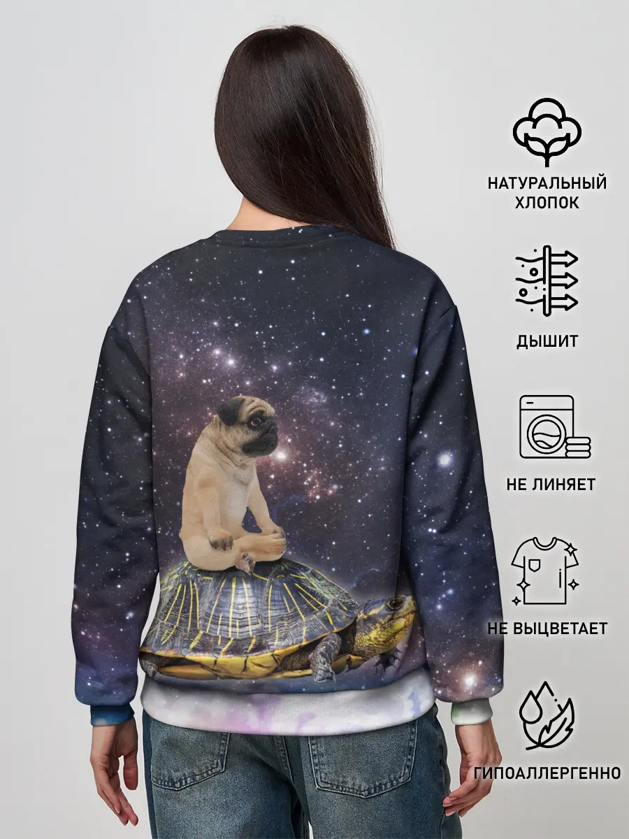 Женский свитшот / Мопс на черепахе в космосе