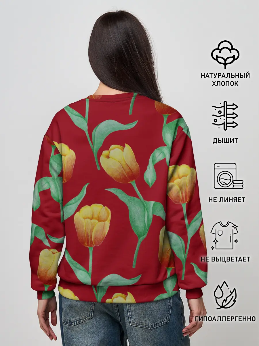 Женский свитшот / Тюльпаны на красном фоне
