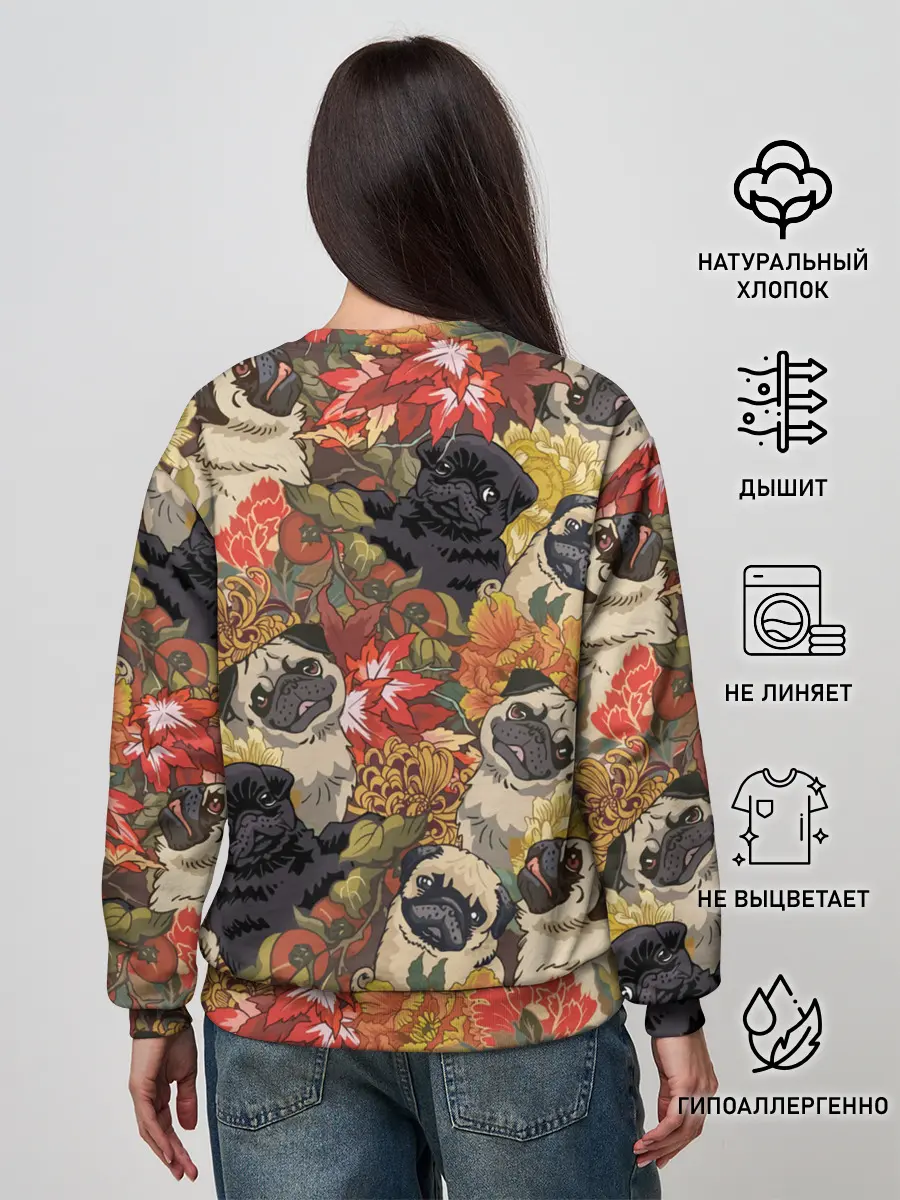 Женский свитшот / Мопсики | Цветочки