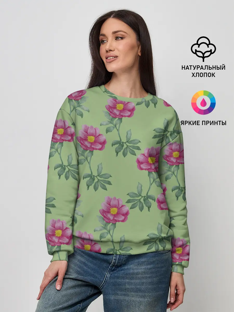 Женский свитшот / Пионы на светло зеленом фоне
