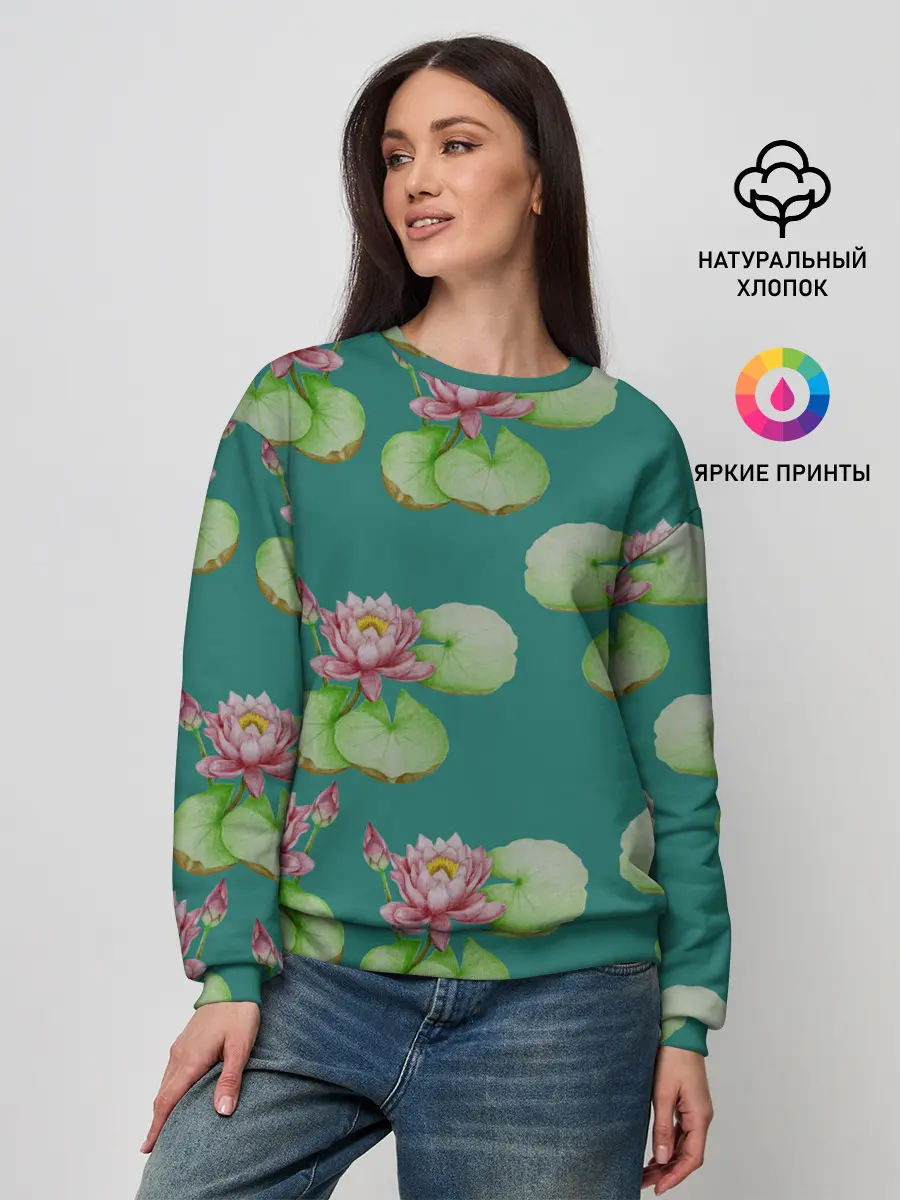 Женский свитшот / Лотосы на темно бирюзовом фоне