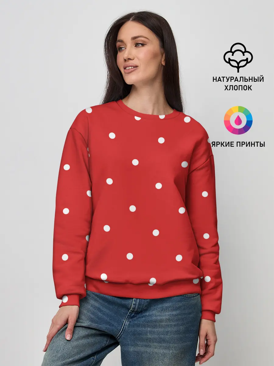 Женский свитшот / Белый горошек на красном фоне