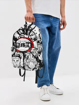 Рюкзак джинсовый / Kimetsu no yaiba чернобелый коллаж