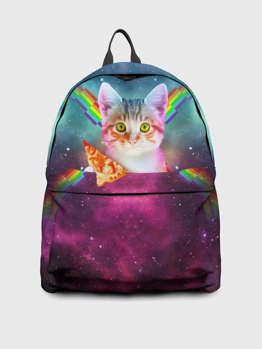 Рюкзак джинсовый / Кот с радугой и пиццей