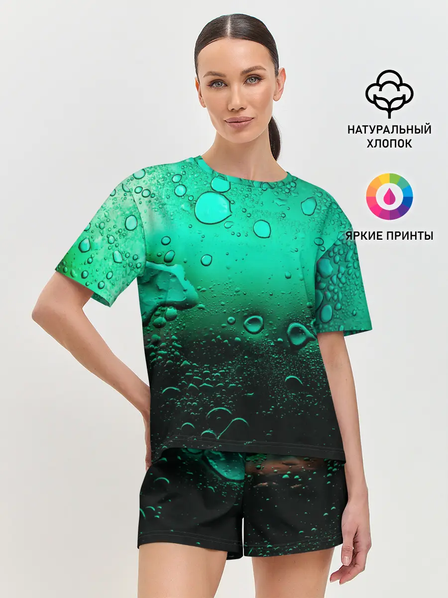 Женская пижама с шортами / Зеленые капли клетки